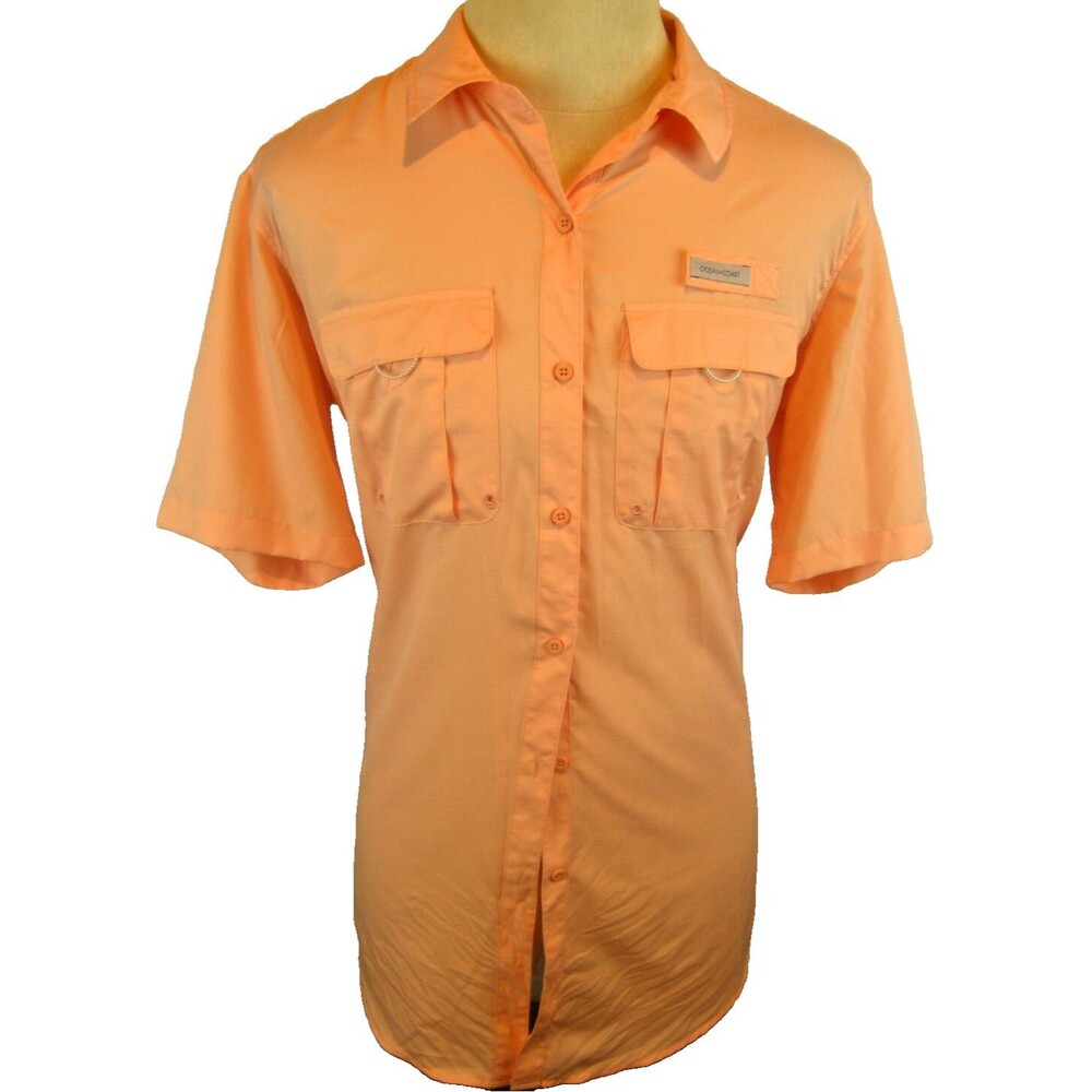 Womens Ocean Coast Coral SS Vented Mesh Lined Fishing Shirt sz XL